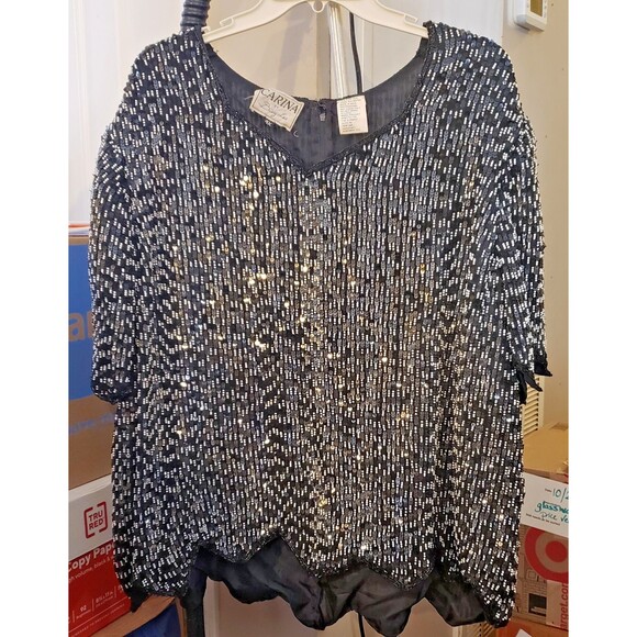 NWOT - Vintage Carina Black Silk Top with paillettes and beads (very heavy) - 4X - Picture 2 of 6